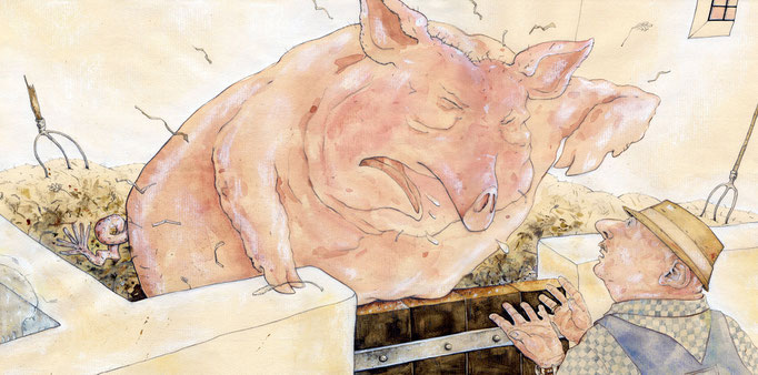 BIlderbuch "Das Schwein und der Bauer"  Aquarell © Caroline Ronnefeldt