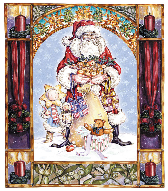 Farbillustration Weihnachtsmann im Schmuckrahmen mit Adventkranz und Kerzen Aquarell © Caroline Ronnefeldt