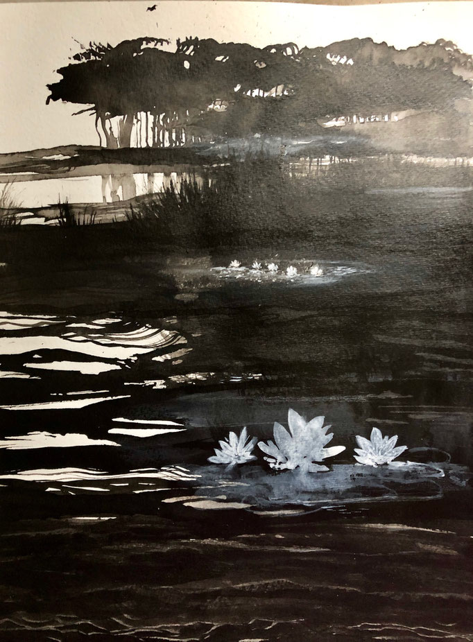 Nénuphares, encre+gouache blanche 2019
