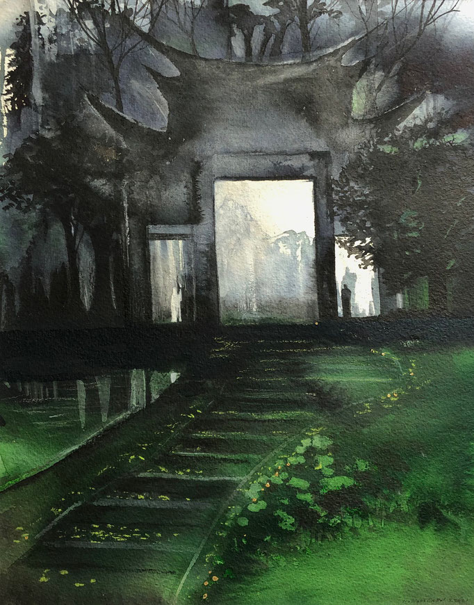 Le gardien du Seuil, encre+gouache blanche 2021