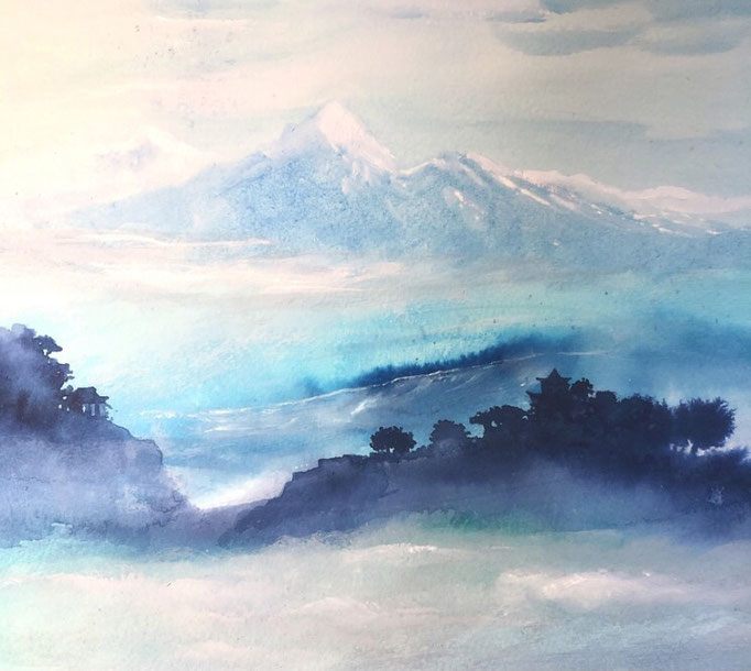 Temple bleu,  encre+gouache blanche 2021