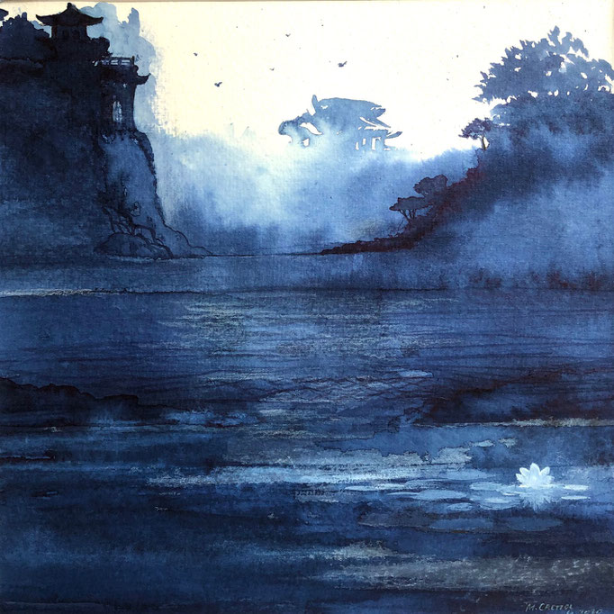 Temple céleste, encre+gouache blanche 2021