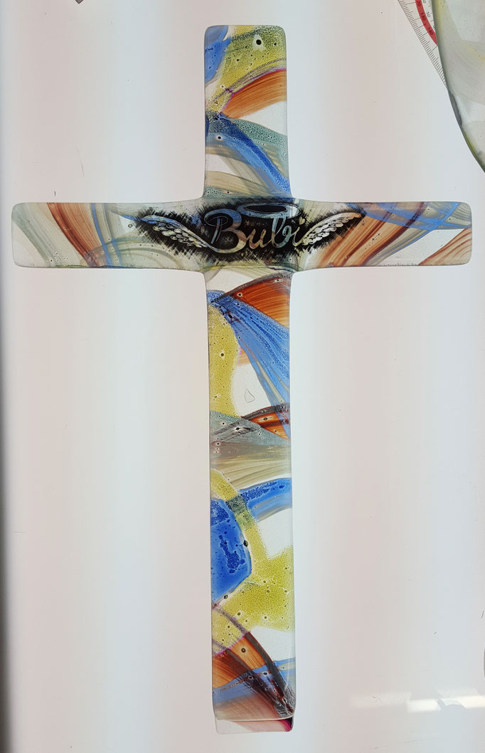Glaskreuz mit Malerei, gefust