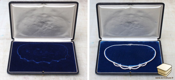 Écrin à bijoux de haute joaillerie, avec intérieur en soie blanche et velours bleu, destiné au collier Rivière de Diamants de Boucheron. Réalisé par Ecrin2Luxe, spécialiste à Paris.