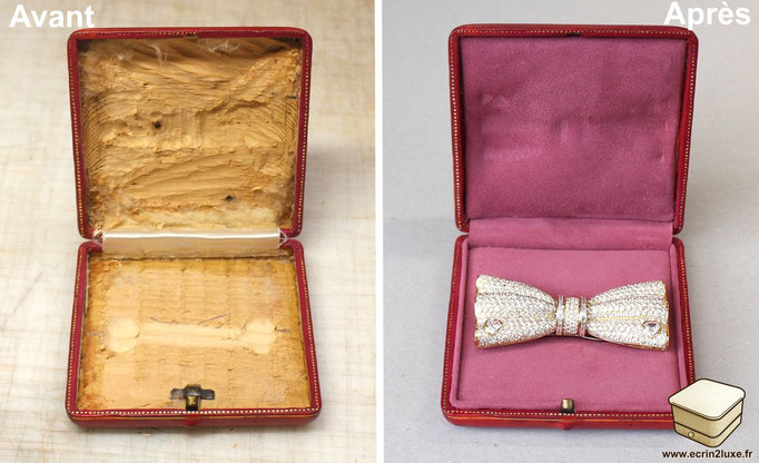 Réparation d'un écrin ancien pour un antiquaire spécialisé en haute joaillerie. Il contient une broche à cheveux en or sertie de diamants, une pièce ancienne. L'intérieur est recouvert de velours rose fluo.