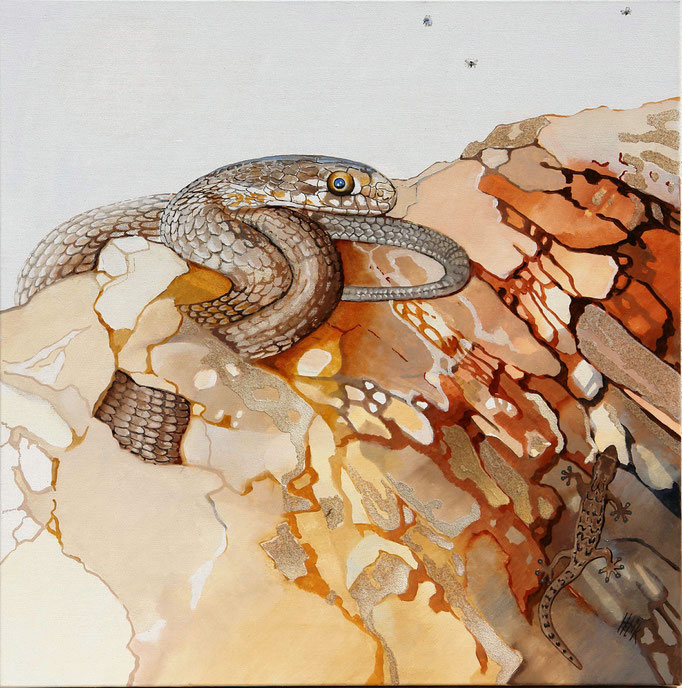As 3 moscas - oleo xom areia e xisto na tela- 60 x 60 cm 