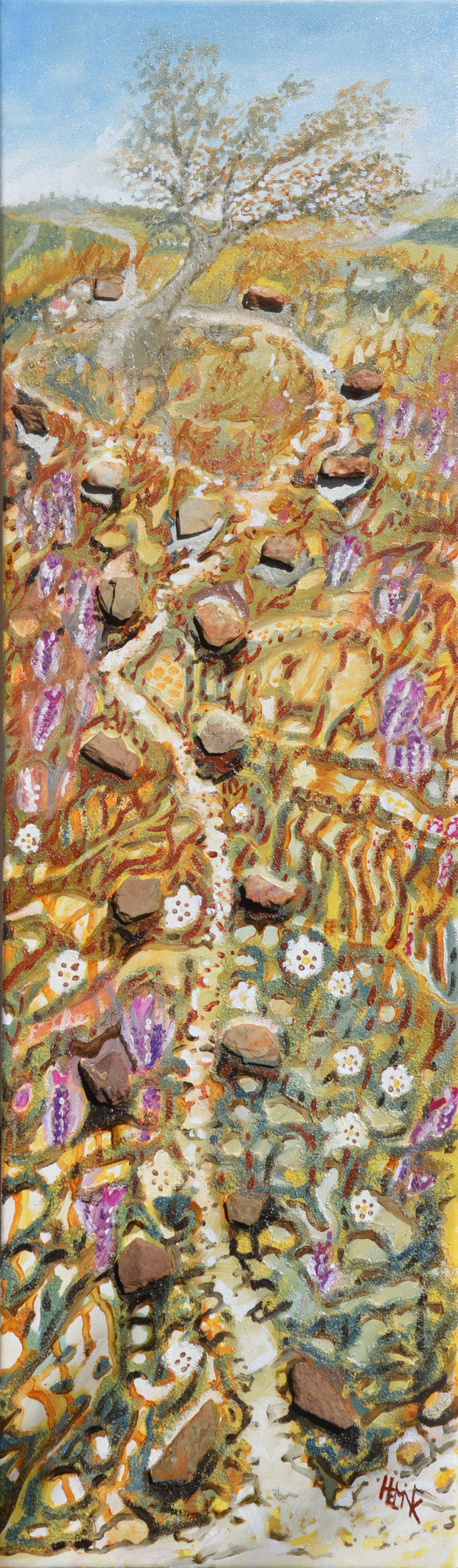 Passeio Diario pelo Carrasqueiro na Colina de Moradias - oleo com 20 pedras ao lado da vereda e areia na tela - 100 x 30 cm 