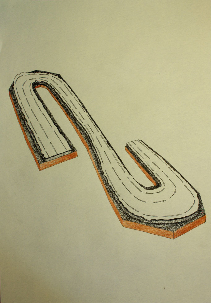 Route, dessin à l’encre et crayons, 21x29,7 cm. 2013.