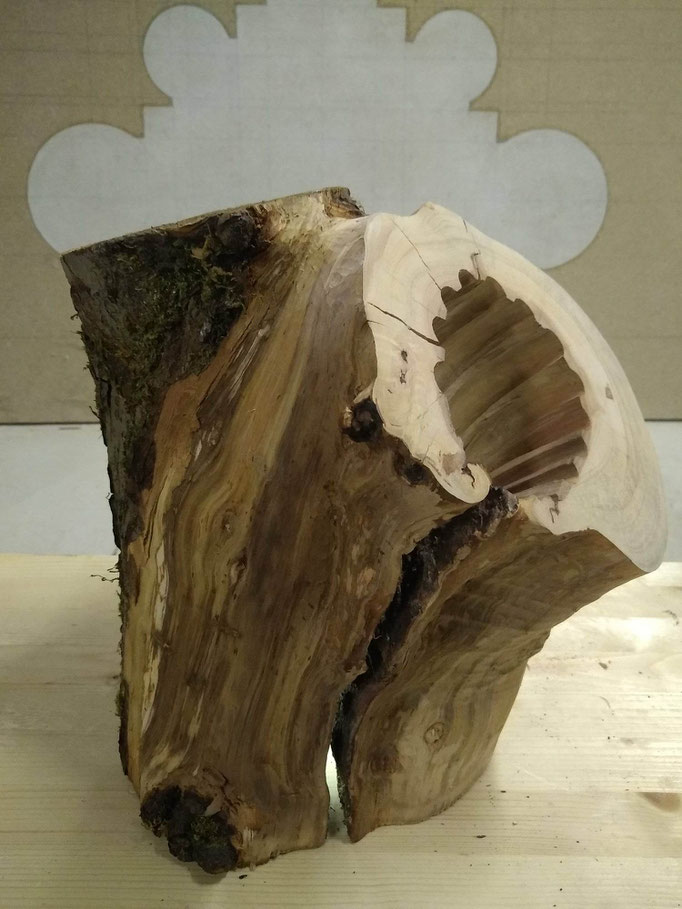 Vue d'atelier de Par capillarité, bois de pommier sculpté, 60x50x40 cm, 2023.