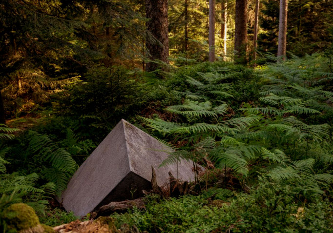 Résurgence, installation, 3 éléments en béton de dimensions variables, 2020. Le Saulcy, biennale d'art contemporain sur le Sentier des Passeurs, association Helicoop. Photo : Vincent Ganaye