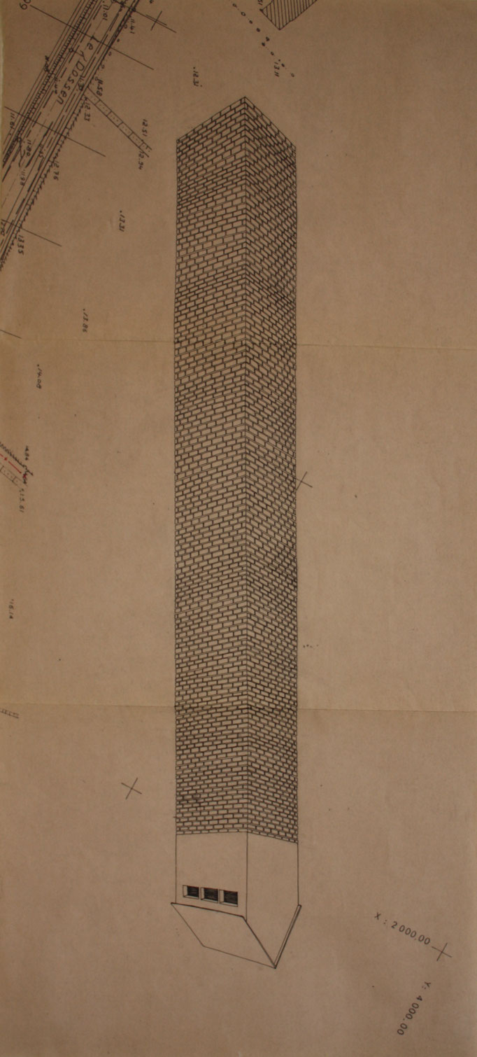 Tour II, dessin à l’encre sur plan d’urbanisme, 20x75 cm , 2012.