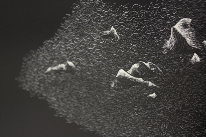 L’arbre qui cache la forêt (détail), gravure sur papier enduit 40x80 cm, 2015.