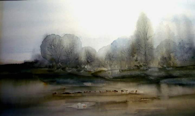 Ruhrauen in Essen, Aquarell, 30x20, gerahmt 50x40