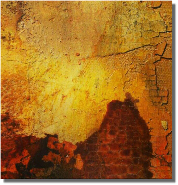 Afrika, Leinwand, Sumpfkalk und Pigment, Shellack, Wachs, 15x15 im Objektrahmen 25x25