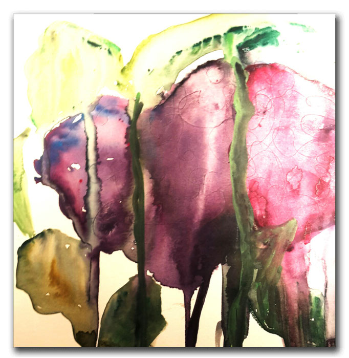 Flieder, Aquarell, abstrakt, 25x25 im Objektrahmen 40x40