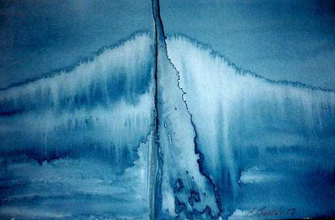 Blaue Welle, Aquarell, abstrakt, 30x20
