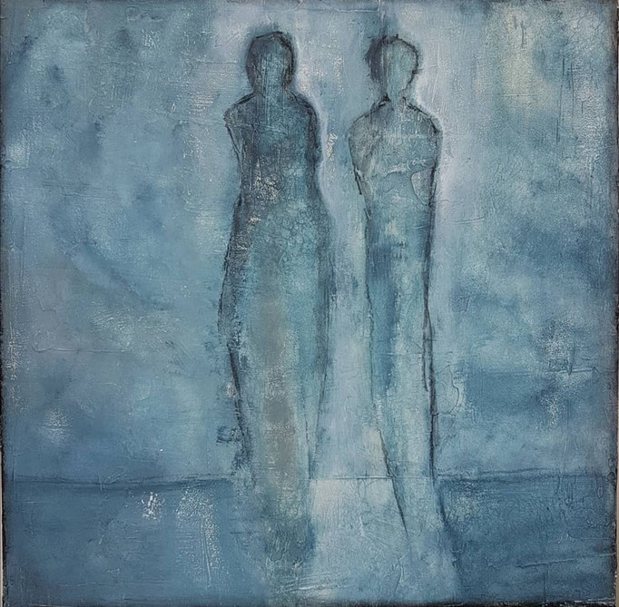 Blue Ladys, 70x70 Sumpfkalk mit Pigment, Kohle auf Holzgrund
