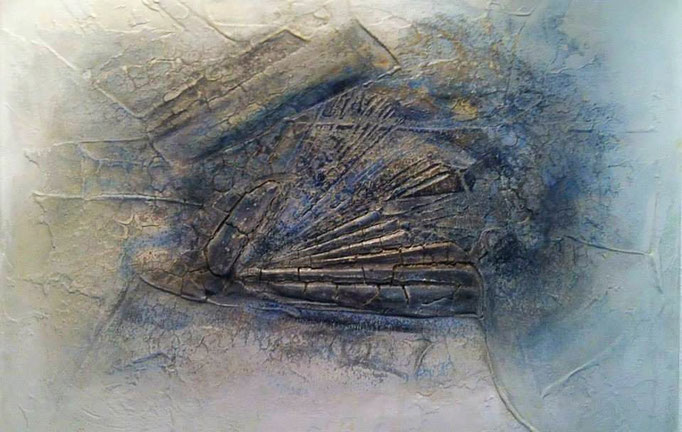 Fossil, Leinwand, Marmormehl, Pigment und Wachs, 70x50