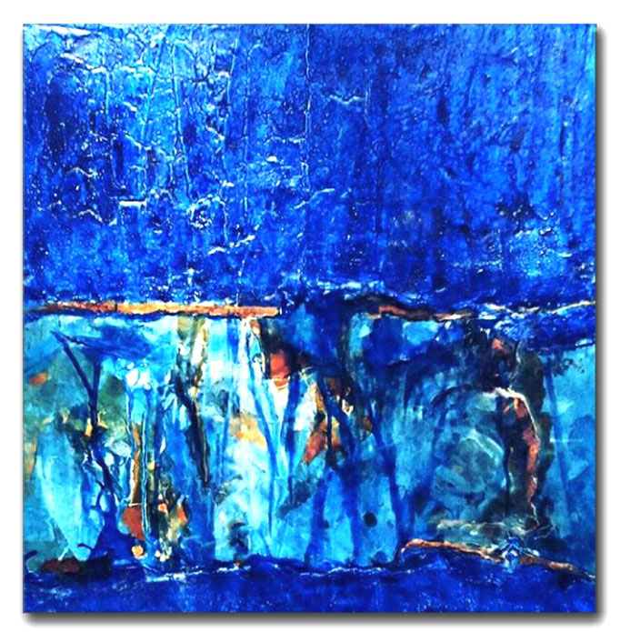 Blue, Leinwand, Marmormehl, Pappe, Beize, Tusche und Wachs, 60x60