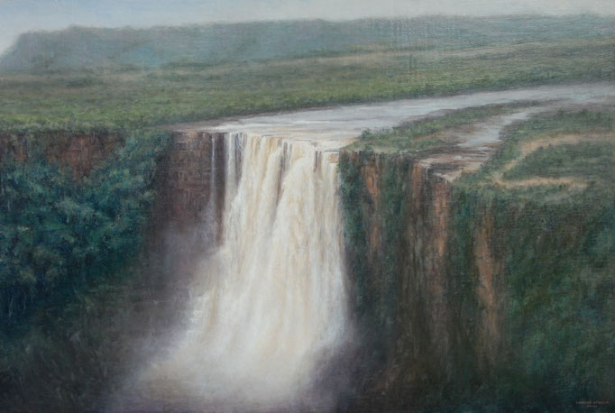 Cascada en Canaima (Venezuela), Oleo sobre lienzo encolado a tabla. Medidas: 61 x 90 cm.