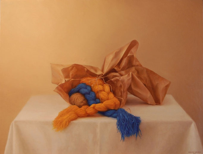 Papel y lanas, Oleo sobre lienzo encolado a tabla Medidas: 61 x 80 cm