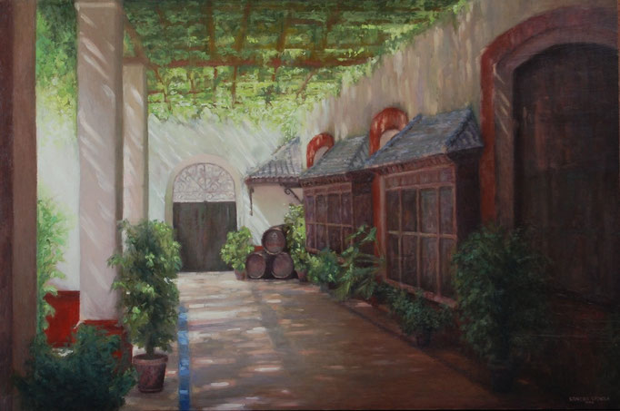 El patio de la Bodega, Oil on canvas mounted on panel, 23 x 35 inches.