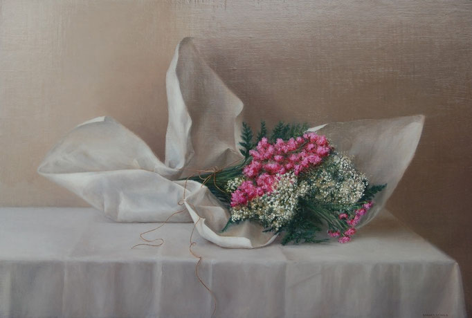Flores envueltas en papel, Oil on canvas mounted on panel, 24 x 35 inches.