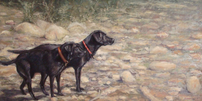 Cata y Nena, Oleo sobre lienzo encolado a tabla. Medidas: 100 x 50 cm.