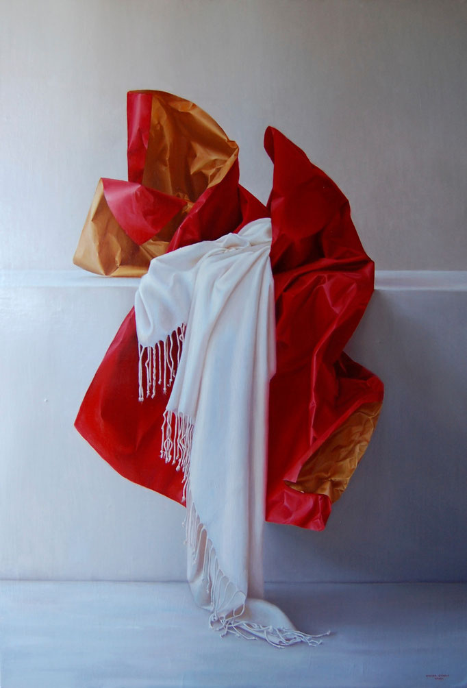 Papel en Rojo y Amarillo, Oleo sobre lienzo encolado a tabla, Medidas 122 x 84 cm.