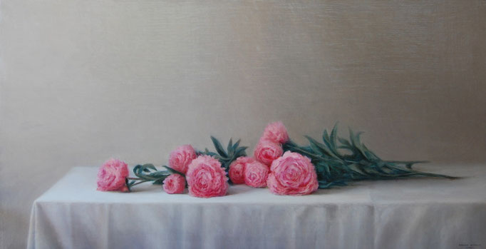Peonias, Oil on canvas mounted on panel, 39 x 20 inches.