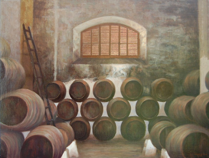 Botas de Manzanilla, Oleo sobre lienzo encolado a tabla. Medidas: 61 x 80 cm.