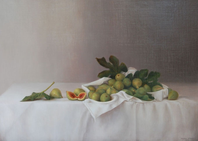 Recolectando Higos, Oleo sobre lienzo encolado a tabla Medidas: 50 x 70 cm.