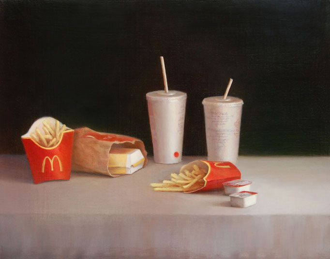 Un paseo por McDonald's, Oil on canvas mounted on panel, 21 x 27 inches