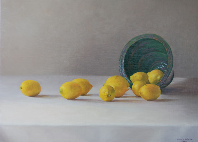 Limones, Oleo sobre lienzo encolado a tabla Medidas: 50 x 70 cm.
