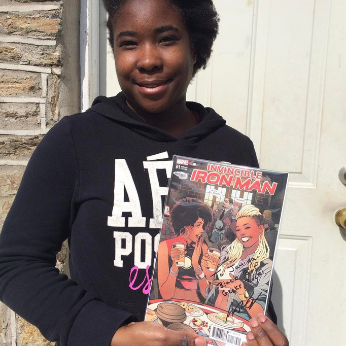 Shop owner, Ariell, signed copies of the Invincible Iron Man comic, in which she is featured on the variant cover!  Our daughters will never forget this moment! 