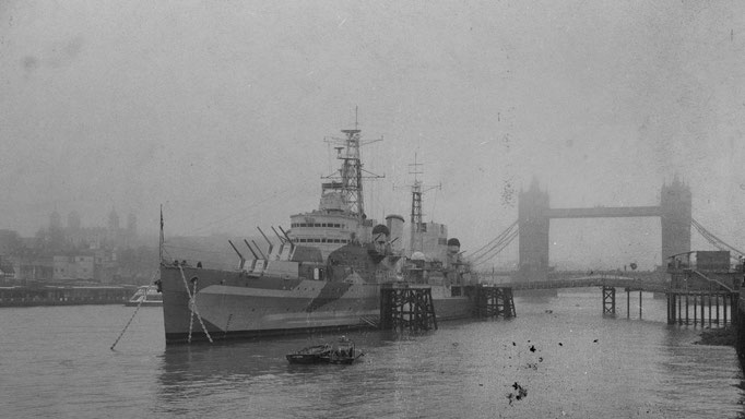 HMS Belfast and Tower Bridge in London fog