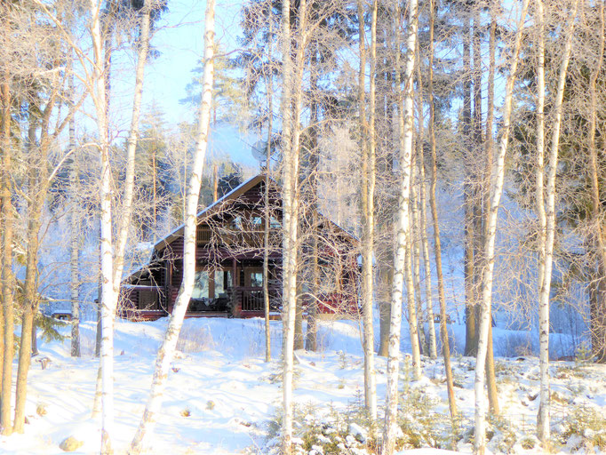 Sunny Mökki Sysmä. View from the frozen bay in front of the house