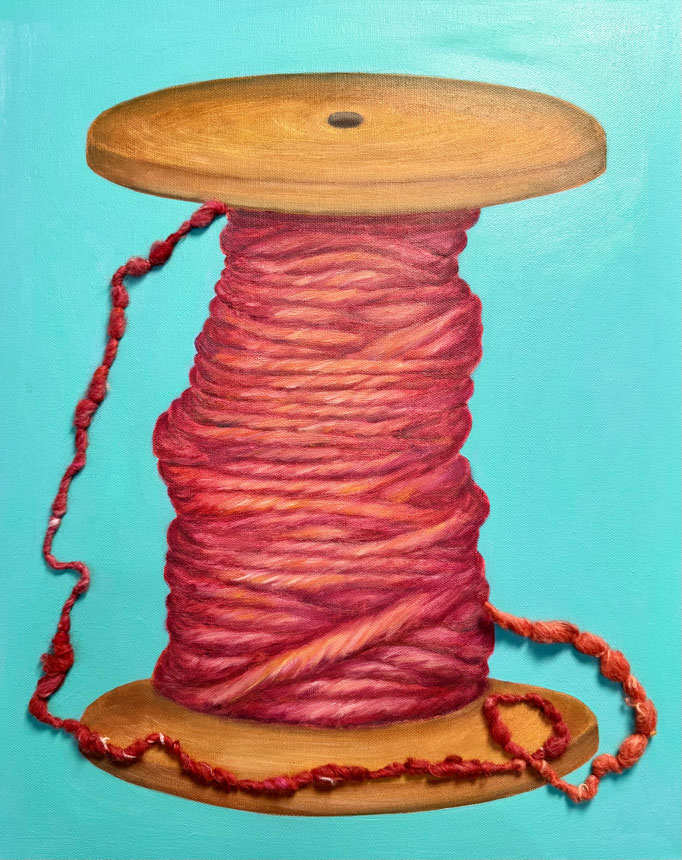 Off the Spool - Reddish   Oil and hand spun yarn on canvas 40.5cm x 50.5cm 