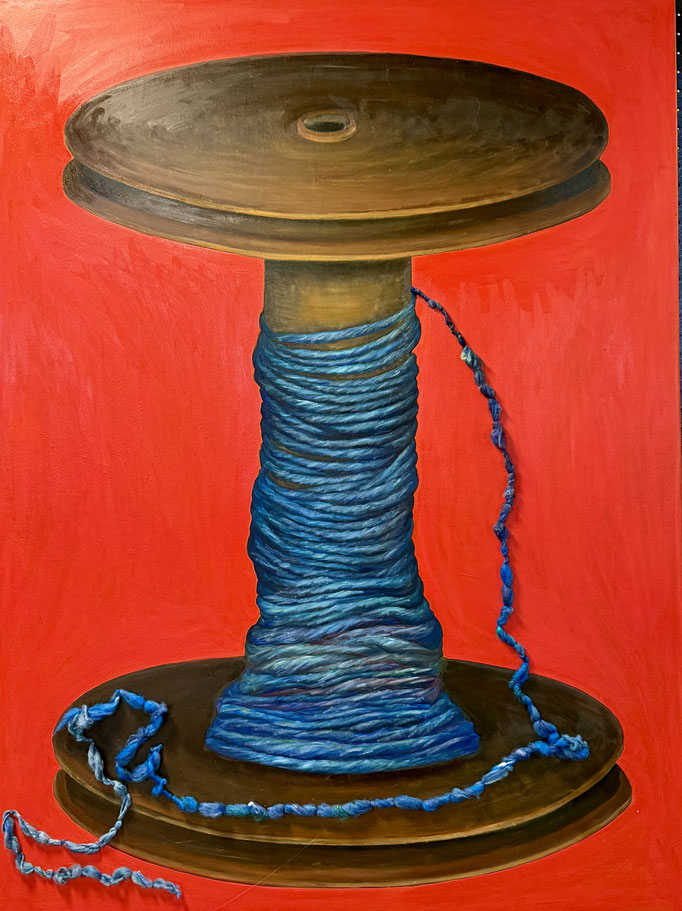 Off the Spool - Blue   Oil and hand spun yarn on canvas 90cm x 120cm 