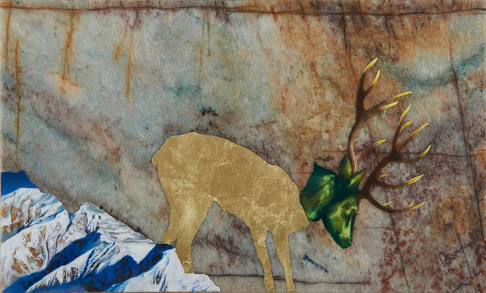 Descendant de la montagne - huile et feuille d'or sur marbre Portofino - 29 x 48 cm - n°8/2014