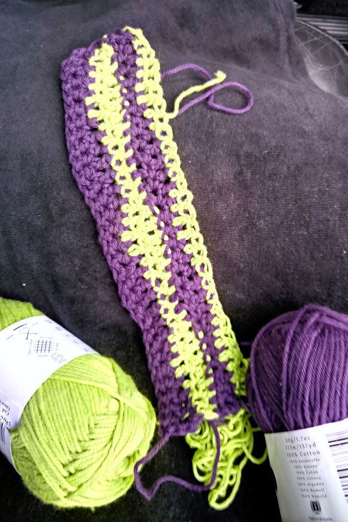 A crochet blanket - the Zebraspider way - purple and lime swatch - Zebraspider Eco Anti-Fashion Blog