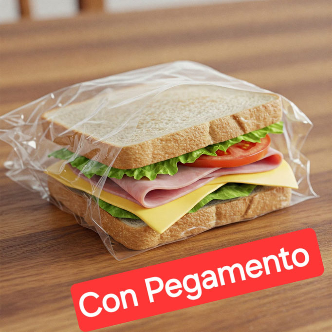 Bolsa de celofán transparente para sándwich con cierre de pegamento adhesivo, sobre una mesa de madera