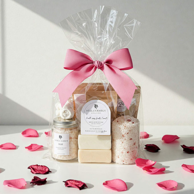 En una mesa blanca hay pétalos de rosa y una bolsa de celofán transparente sin adhesivo. La bolsa de celofán contiene: jabones artesanales, sales de baño y un moño rosa decorativo. Lo que resulta en un kit de regalo