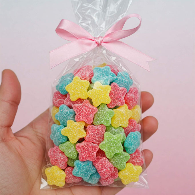 Hay una mano sosteniendo una bolsa de celofán pequeña de 10x15 sin adhesivo y esta casi llena de gomitas de colores en forma de estrella. La bolsa de celofán está cerrada con un listón rosa