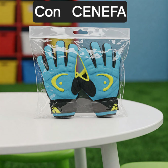 Bolsa de celofán de 20x25 cm con cenefa blanca y orificio para colgar, conteniendo un par de guantes deportivos azules