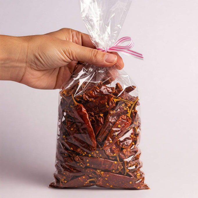 Hay una mano sosteniendo una bolsa de celofán de medida de 15x25. La Bolsa de celofán es resistente y sin pegamento rellena de chiles secos, cerrada con un listón decorativo. El listón es de color blanco con rayas rojas, dando la forma de un moño
