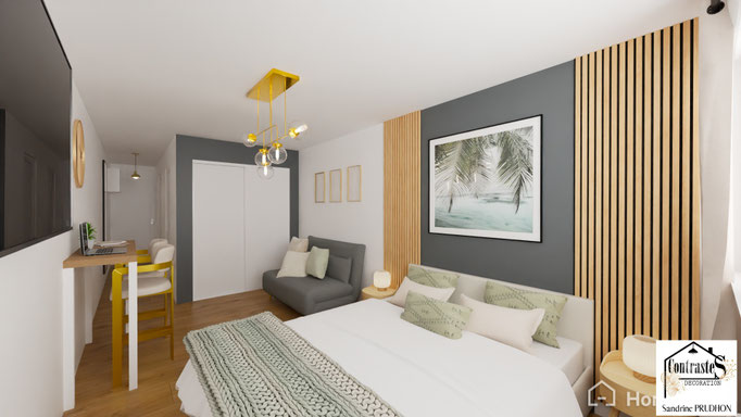 Après : Coin nuit confortable intégré dans la pièce principale – lit double, ambiance chaleureuse et décoration soignée pour la location saisonnière.