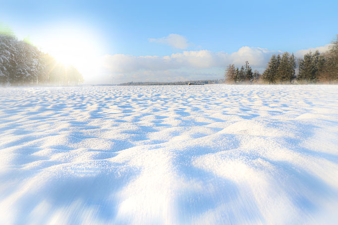 Winterbild im rems murr kreis, winterfoto 2021, aufgenommen im welzheimer wald, naturpark schwäbischer wald, das foto auf der Homepage von fotograf markus metzge,  https://www.markus1.de zeigt schneeverwehungen mit sonne