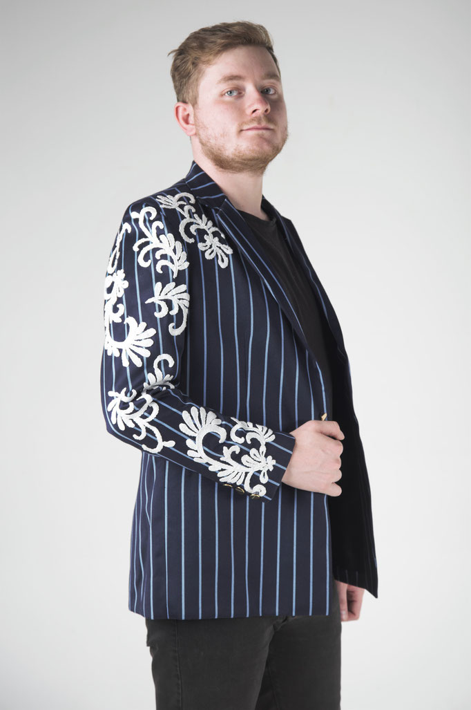 Tailored mens jacket inspired by Versace with lace appliques and gold buttons.