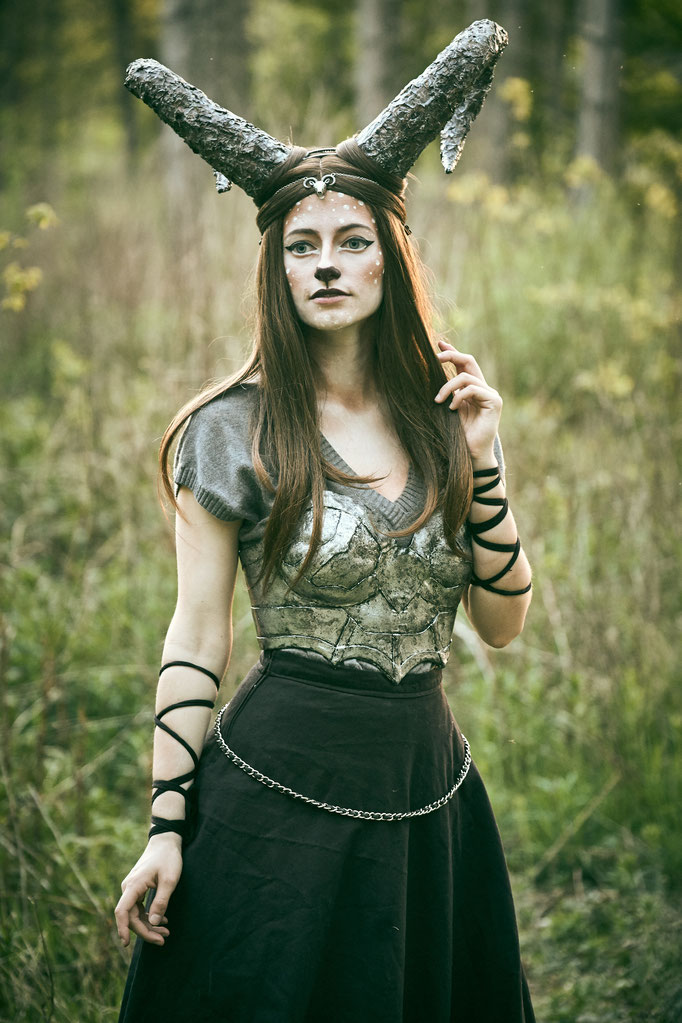 Faun-inspired costume with thermoplastic breastplate and hand-made horns.